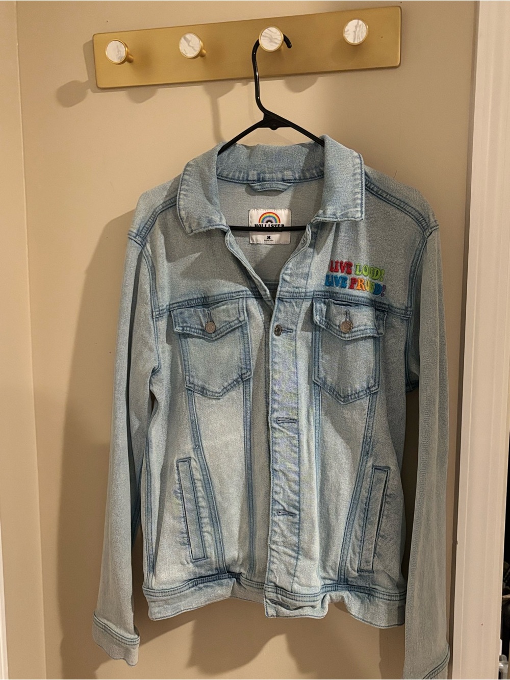Hollister Co. Pride Denim Jacket "Live Loud! Live Proud!" Light Wash
